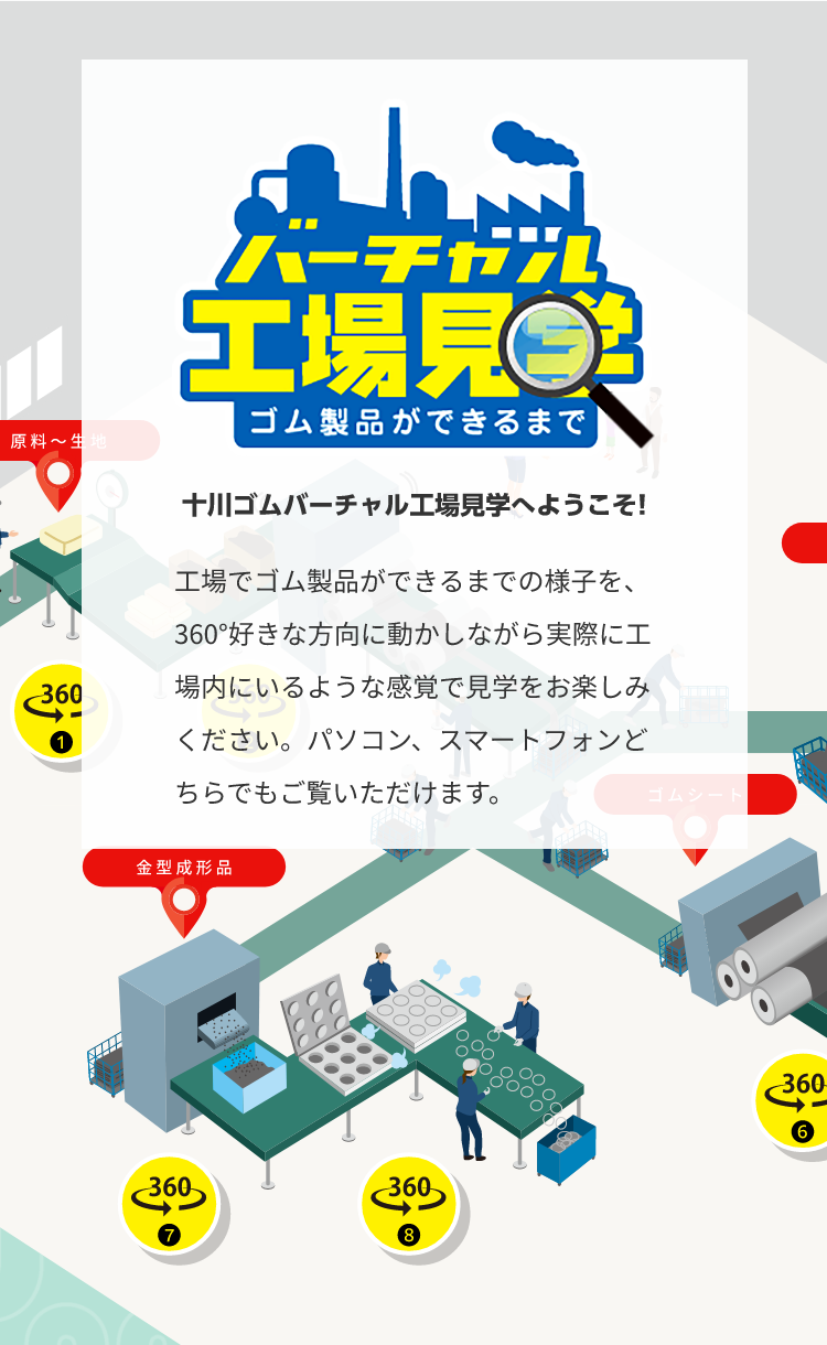 工場でゴム製品ができるまでの様子を、360°好きな方向に動かしながら実際に工場内にいるような感覚で見学をお楽しみください。パソコン、スマートフォンどちらでもご覧いただけます。