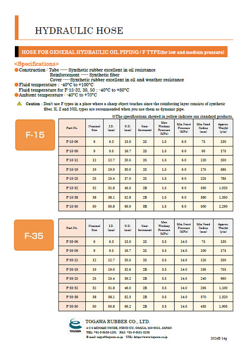 HOSE FOR GENERAL HYDRAULIC OIL PIPING F TYPE